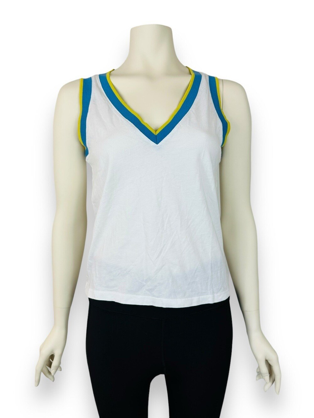 Monrow Tennis Tank Women's Small V-Neck White Trim Blue Yellow Relaxed Top $88